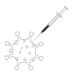 A syringe is injected into the COVID-19 virus molecule. The concept of vaccination.