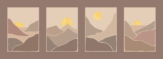 Abstract Bohemian Art Landscape in Earth Tones. Boho Style. Mountain View, Sun, Moon, Hills. Vector Art Poster Set.