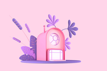 Abstract cartoon fairy-tale tiny cozy house in pastel colors on a background of fantastic stylized plants, trees and herbs. 3d illustration