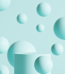 Abstract display podium stand with balls on blue background. 3D rendering