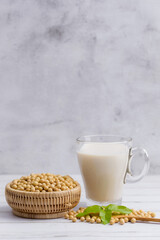 Fototapeta na wymiar Soy and soy milk in a glass with soybeans in wooden bowl background