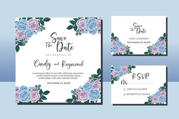 Wedding invitation frame set, floral watercolor hand drawn Blue Rose Flower design Invitation Card Template