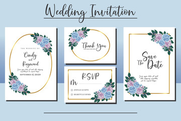 Wedding invitation frame set, floral watercolor hand drawn Blue Rose Flower design Invitation Card Template