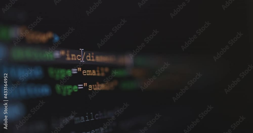Leinwandbilder 4K Close up shot HTML tag code on PC Monitor scroll down. Background concept for programming and coding web development.