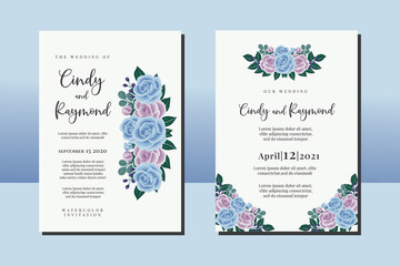 Wedding invitation frame set, floral watercolor hand drawn Blue Rose Flower design Invitation Card Template