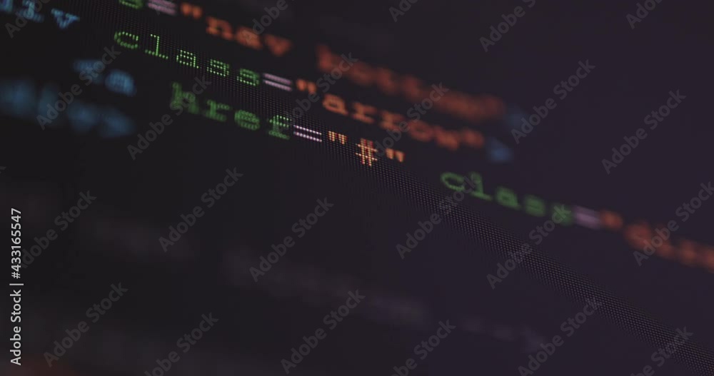 Aufkleber 4K Close up shot HTML tag code on PC Monitor scroll down. Background concept for programming and coding web development.