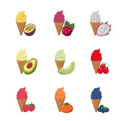 Cartoon comic vector set of 9 kinds of fruit ice cream and cones