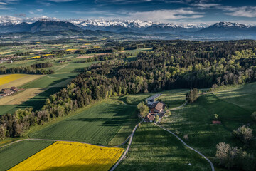 aerial view of the alps on a beautiful spring day 