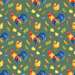 Obraz premium Watercolor pattern chickens and a rooster, rustic retro wallpaper, Rooster symbol of the new year