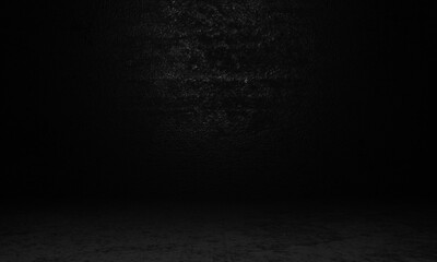 Empty concrete room in dark light surrounded wall background. spotlight in middle of cement room. Abstract and wallpaper concept. Interior and Architecture theme. Copy space. 3D illustration rendering