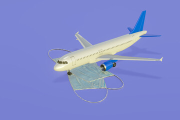 Safety travel concept with new reality. Plane with antiviral face masks. Coronavirus Alert.