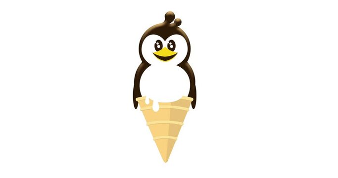 cute penguin ice cream poured with chocolate in a cone