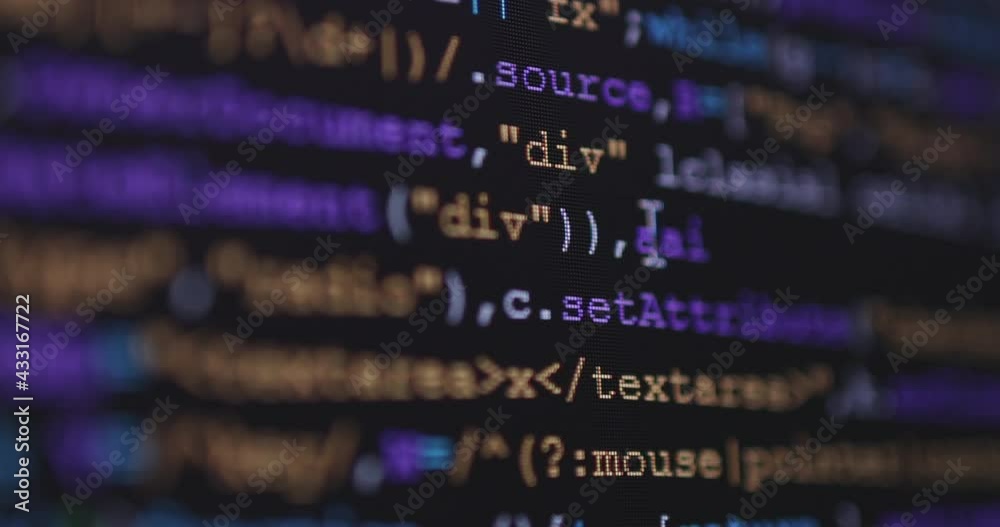Fototapete 4K Close up shot programming tag code on PC Monitor scroll. Background concept for programming and coding web development.