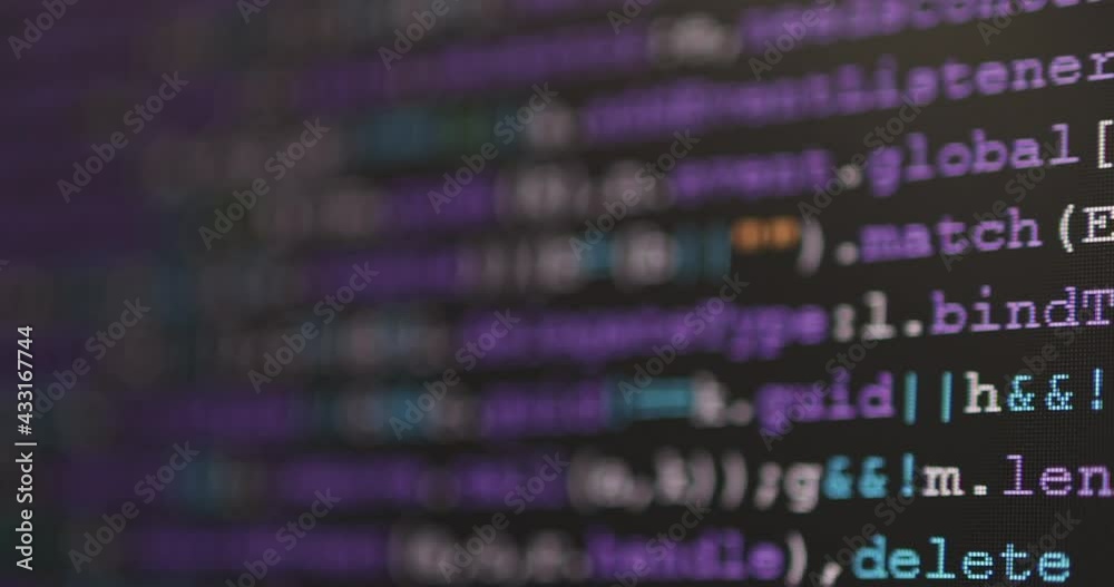 Poster 4K Close up shot programming tag code on PC Monitor scroll down. Background concept for programming and coding web development.