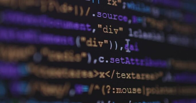 4K Close up shot programming tag code on PC Monitor scroll. Background concept for programming and coding web development.