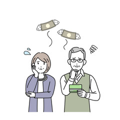 金欠　貯金　出費　お金がない　年配の男女　老夫婦　シニア　男女　貧困　イラスト素材