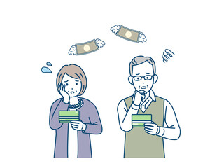 金欠　貯金　出費　お金がない　年配の男女　老夫婦　シニア　男女　貧困　イラスト素材