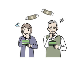 金欠　貯金　出費　お金がない　年配の男女　老夫婦　シニア　男女　貧困　イラスト素材