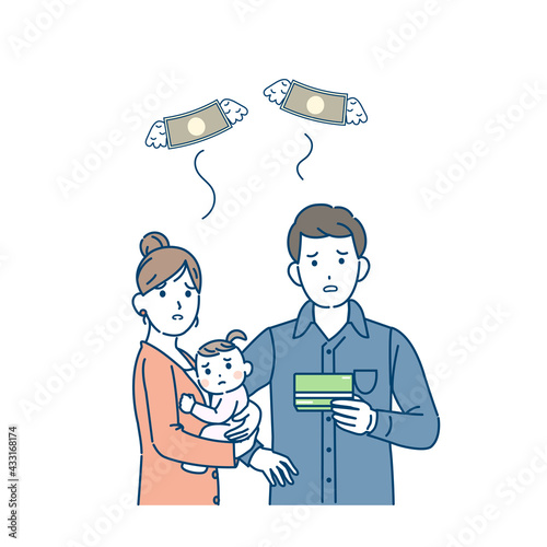 Fotobehang 金欠 貯金 お金がない 若い夫婦 親子 3人家族 貧困 養育費 イラスト素材 Senryu