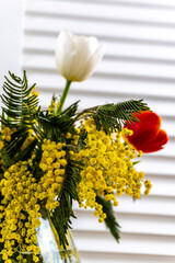 Spring flowers bouquet - Yellow Mimosa and White Tulips