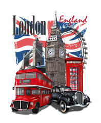 London typography for t-shirt print with Big Ben,retro car,bus and red phone booth.