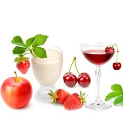 Fruit juice and berry smoothie isolated on white . Collage.