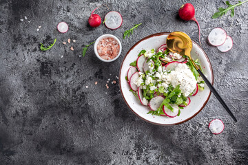 Vegetarian salad of radish, cottage cheese and arugula with sour cream. Healthy vegan food. banner, menu recipe place for text, top view