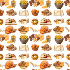 Bakery Products Isolated on White background. Healthy food. Seamless pattern.