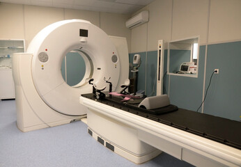 Tomograph at the cancer hospital. An MRI scanner is installed. Empty MRI, CT scanner.