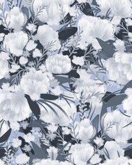 Seamless pattern of a bouquet of flowers and leaves. Botanical illustration. Design of wallpaper, fabrics, textiles, packaging, posters, paper, postcards, home decor, florists, wedding design.