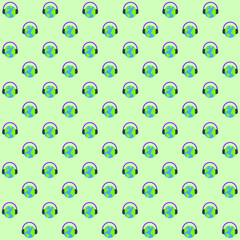 Fototapeta na wymiar Globe music on green background with eart and headset repeat pattern