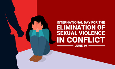 Vector illustration of scared young girl in a corner of the room and a male silhouette, as a banner, poster or template, International Day for the Elimination of Sexual Violence in Conflict.
