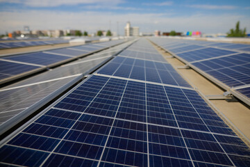 Industrial solar panels on the roof of a hypermarket..