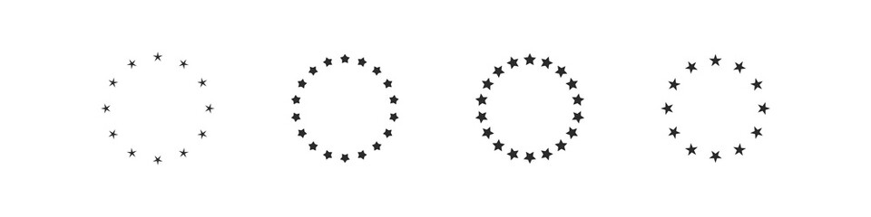 Stars circle euro symbol set, star circles flag round decoration flat black and white vector frame illustration.