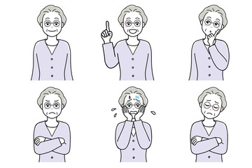 A set of facial expressions of a senior woman