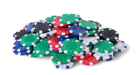 A heap poker chips isolated on white background.
