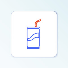 Line Soda can with drinking straw icon isolated on white background. Colorful outline concept. Vector