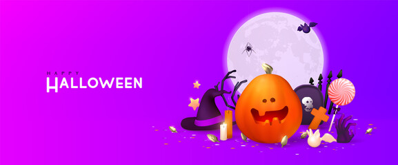 Happy Halloween background, Minimal 3d vector illustration, graphic banner, cute design. Trendy Halloween poster: pumpkin, ghost, spider, cobweb, etc.
