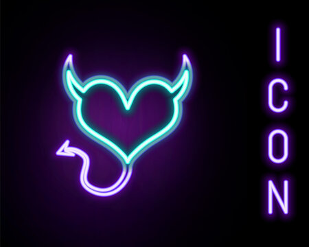 Glowing neon line Devil heart with horns and a tail icon isolated on black background. Valentines Day symbol. Colorful outline concept. Vector