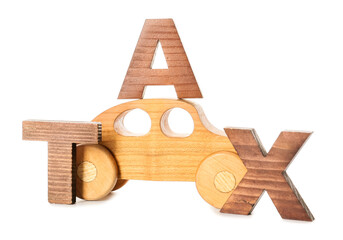 Word TAX and figure of car on white background