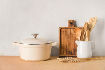 Set of kitchen utensils on light background