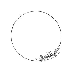 Doodle handdrawn flower wreath for invitaion, greeting card background, illustratuion outline flower frame, vector