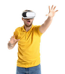 Young man with VR glasses on white background