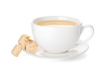 Cup with hot chocolate on white background
