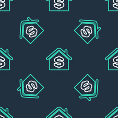 Line House with dollar symbol icon isolated seamless pattern on black background. Home and money. Real estate concept. Vector