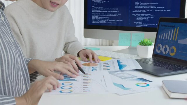 Close up two asia female people analyst coder code language laptop screen cloud online computing ai deep tech work at office desk reskill upskill, future agile cyber ux web design woman worker job.