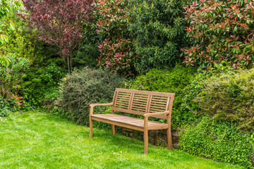 Wooden bench in a garden in springtime, bushes with different colors in the background