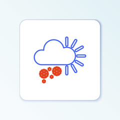 Line Cloudy with snow icon isolated on white background. Cloud with snowflakes. Single weather icon. Snowing sign. Colorful outline concept. Vector