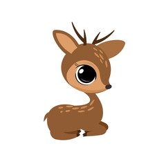 Little cub of a fawn with horns. Isolated object on a white background. Cheerful kind animal child. Cartoons flat style. Funny. Vector