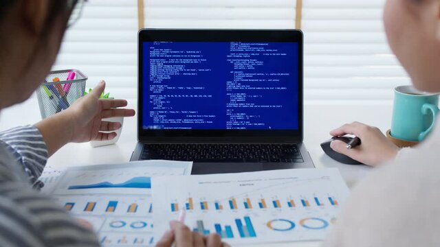 Close up two asia female people analyst coder code language laptop screen cloud online computing ai deep tech work at office desk reskill upskill, future agile cyber ux web design woman worker job.